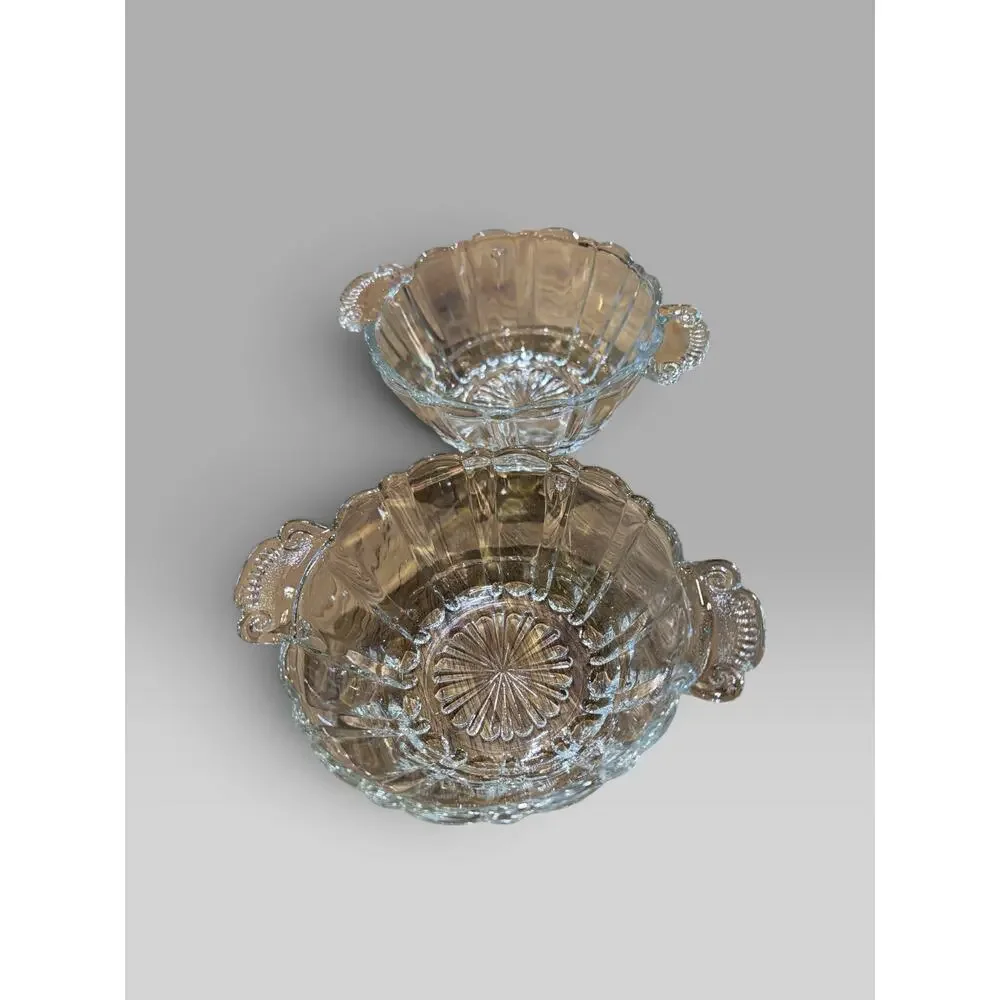 Set of 2 Vintage Anchor Hocking Old Cafe Clear Depression Glass Handled Bowls